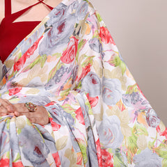 Grey Color Floral Printed Dull Satin Silk Saree