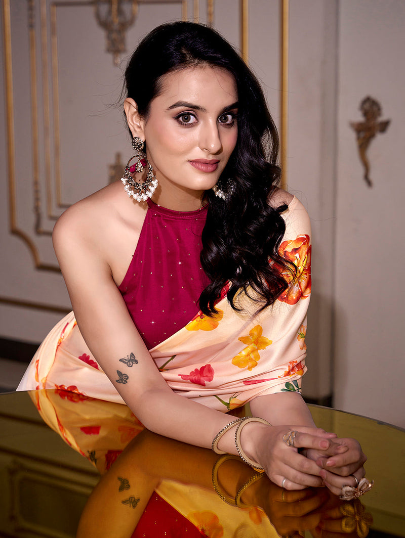 Cream Color Printed Satin Silk saree