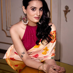 Cream Color Printed Satin Silk saree