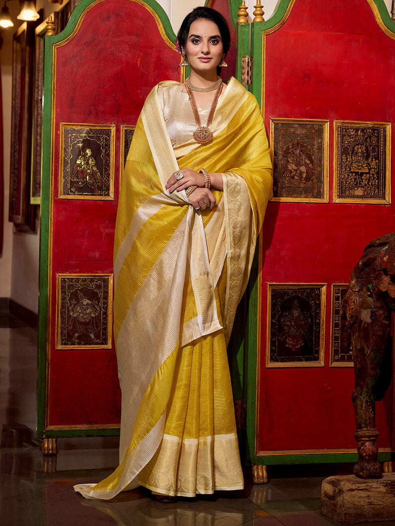 Yellow Color Zari Weaving Work Jacquard Chex South Indian Saree