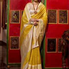 Yellow Color Zari Weaving Work Jacquard Chex South Indian Saree