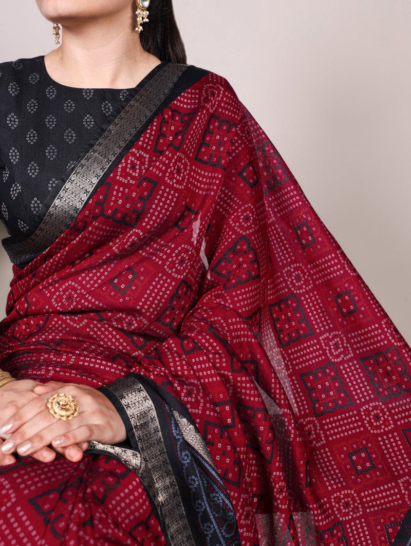 Maroon Color Bandhej Print With Zari Weaving Work Viscose Chanderi Saree