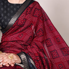 Maroon Color Bandhej Print With Zari Weaving Work Viscose Chanderi Saree