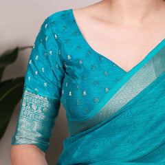 Firozi Color Self Printed With Zari Weaving Work Chinon Saree