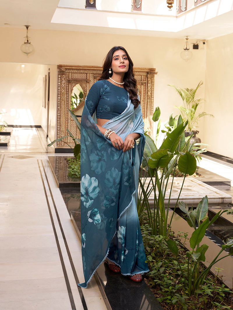 Bottle Green Color Floral Printed With Weightless Marbal saree
