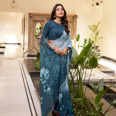 Bottle Green Color Floral Printed With Weightless Marbal saree