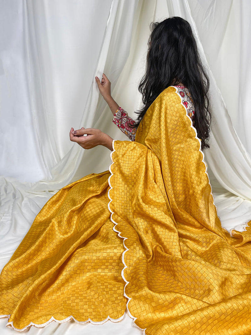 Yellow Color Arca Work Gadhawal Chex Women Wear Saree
