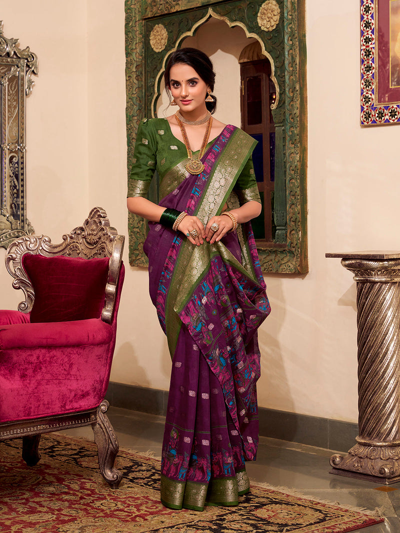 Wine Color Kalamkari Print With Zari Weaving Work Poly Cotton Saree