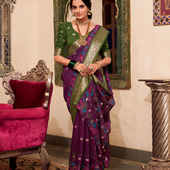 Wine Color Kalamkari Print With Zari Weaving Work Poly Cotton Saree