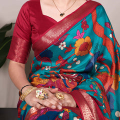 Firozi Color Printed With Zari Weaving Work Tussar Silk Saree