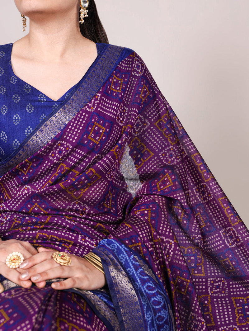Purple Color Bandhej Print With Zari Weaving Work Viscose Chanderi Saree
