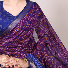Purple Color Bandhej Print With Zari Weaving Work Viscose Chanderi Saree