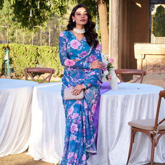 Blue Color Printed With Peral Lace Border Weightless Marbal