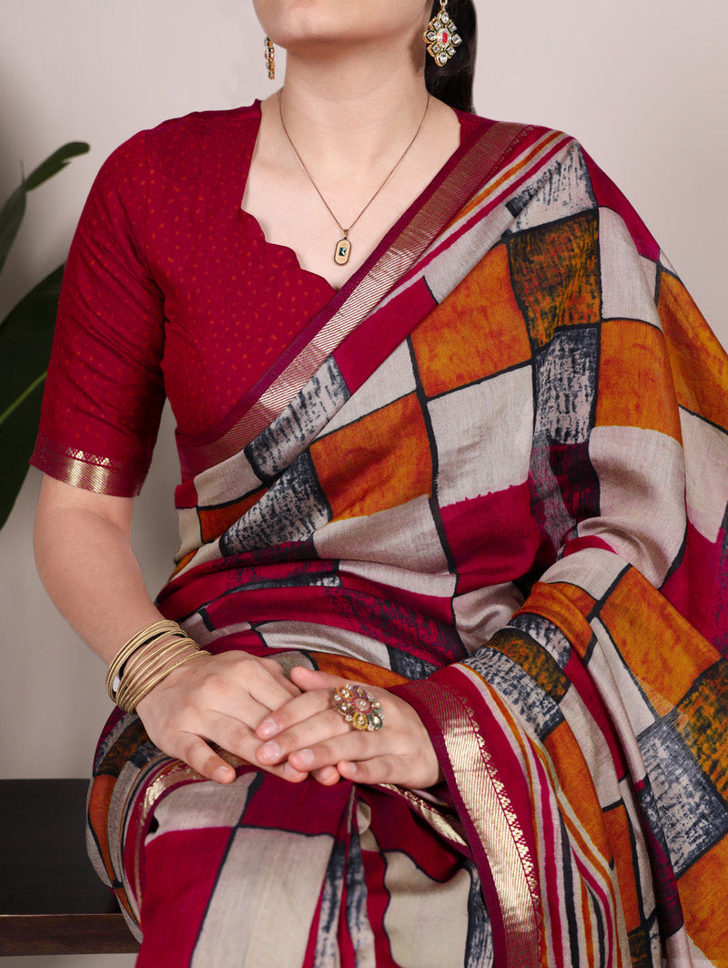 Maroon Color Printed With Temple Border Polyester Viscose Chanderi Saree