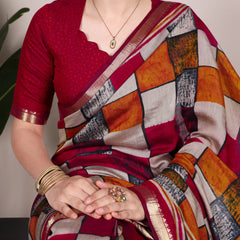 Maroon Color Printed With Temple Border Polyester Viscose Chanderi Saree