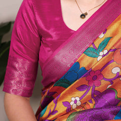 Mustard Color Printed With Zari Weaving Work Tussar Silk Saree