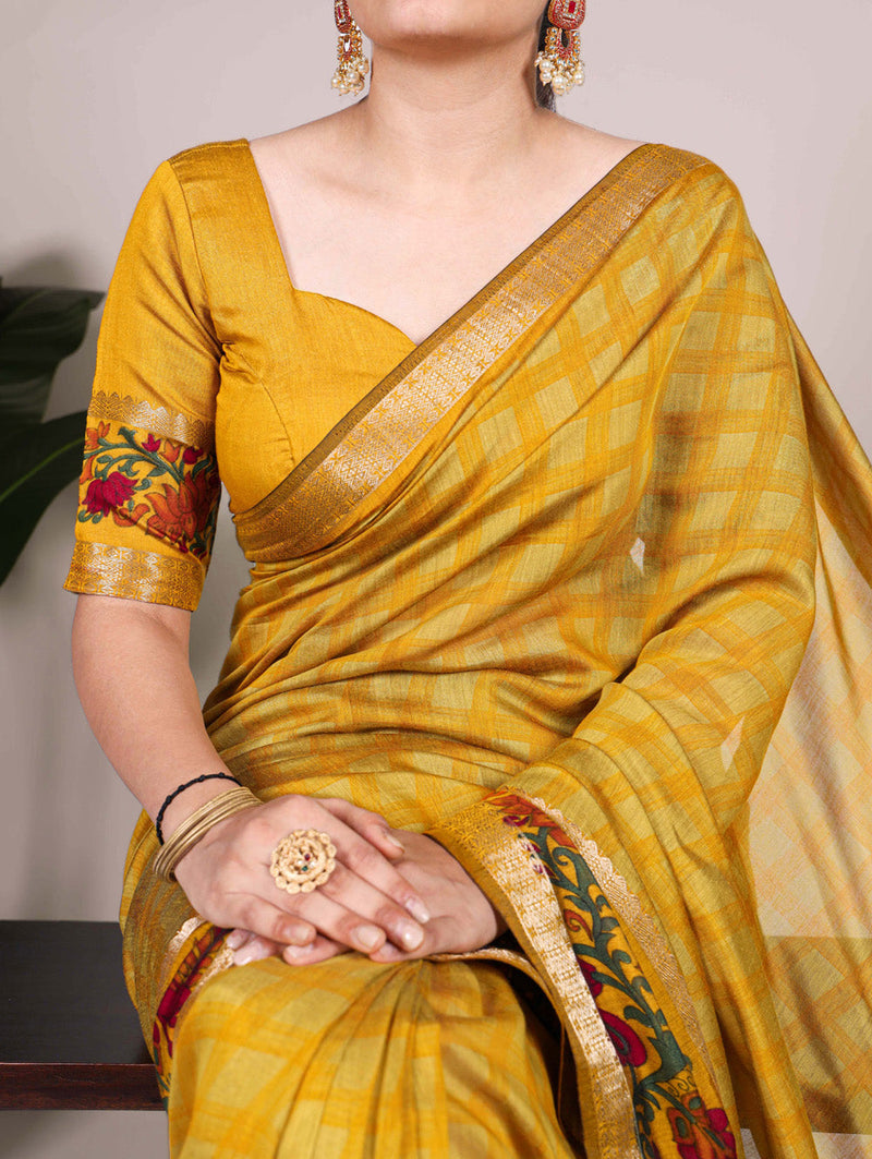 Mustard Color Printed With Zari Weaving Work Polyester Viscose Chanderi Saree