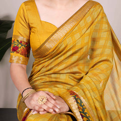 Mustard Color Printed With Zari Weaving Work Polyester Viscose Chanderi Saree