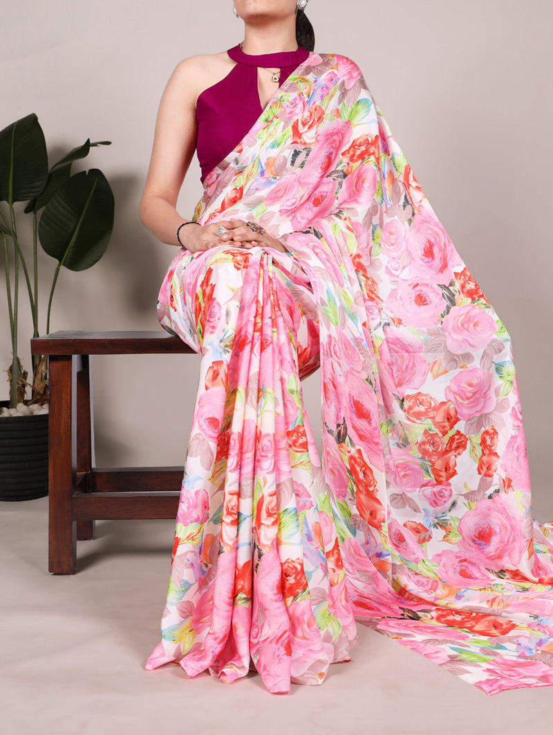 Light Pink Color Floral Printed Dull Satin Silk Saree