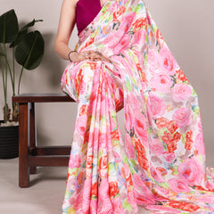 Light Pink Color Floral Printed Dull Satin Silk Saree
