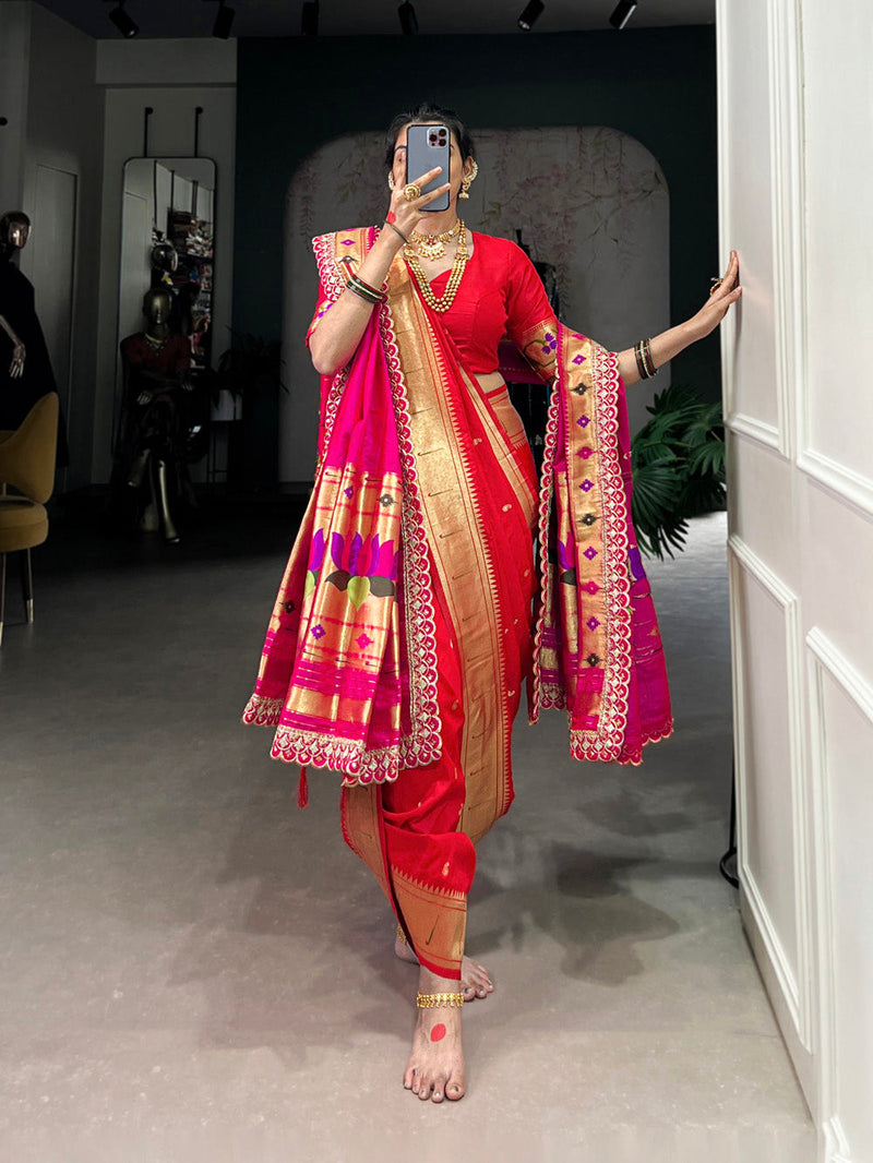 Red color Paithani Zari Weaving Work Jacquard Silk Saree