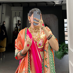 Pink Color Zari Weaving Work With Jacquard Silk (Paithani) Maharashtrian Bride Saree