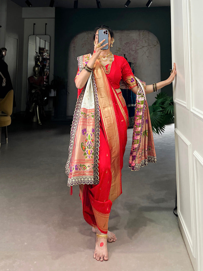 Red Color Zari Weaving Work With Jacquard Silk (Paithani) Maharashtrian Bride Saree