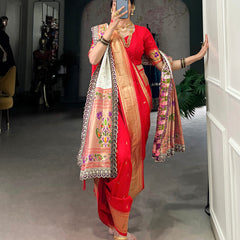 Red Color Zari Weaving Work With Jacquard Silk (Paithani) Maharashtrian Bride Saree