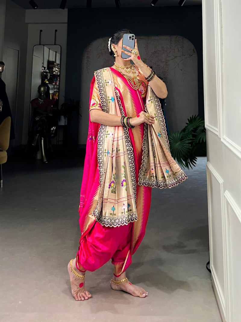 Pink Color Paithani Zari Weaving Work Jacquard Silk Saree