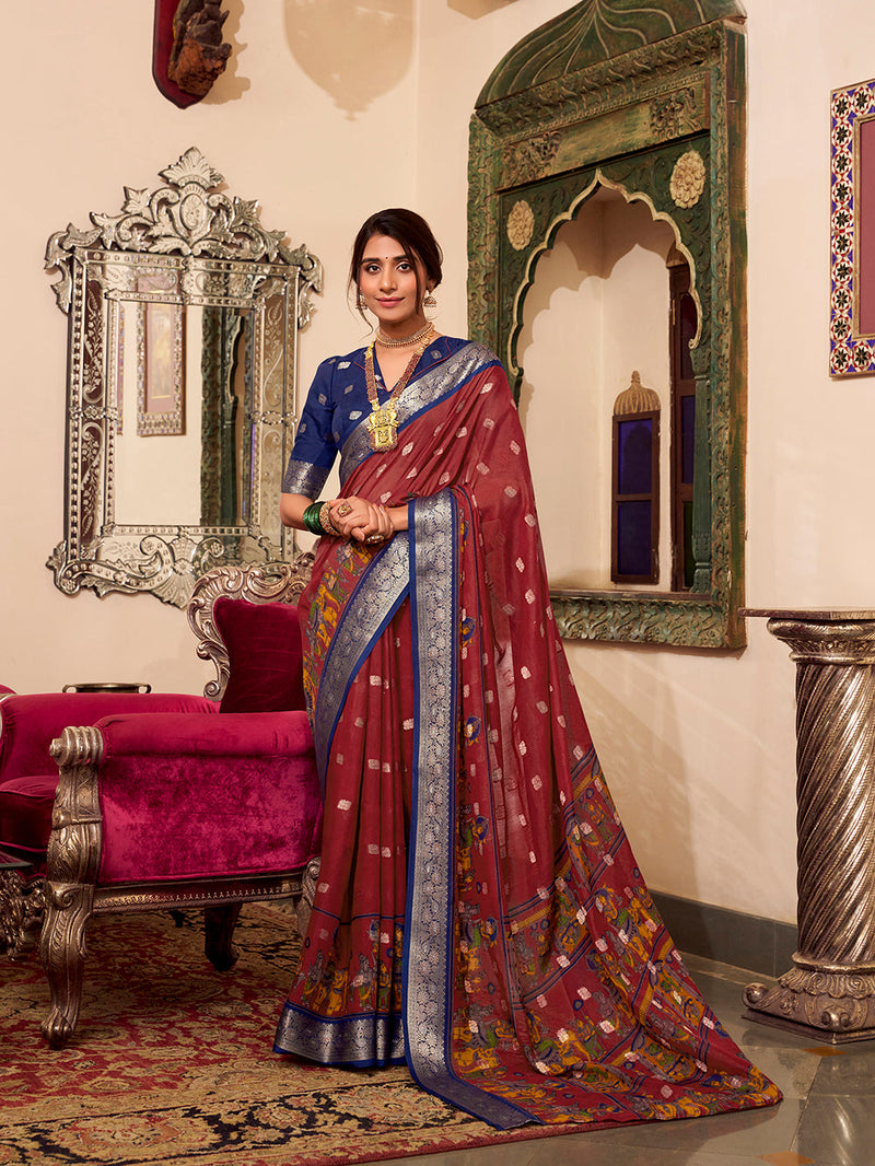 Maroon Color Kalamkari Print With Zari Weaving Work Poly Cotton Saree