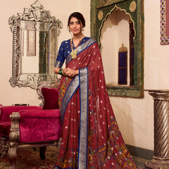 Maroon Color Kalamkari Print With Zari Weaving Work Poly Cotton Saree