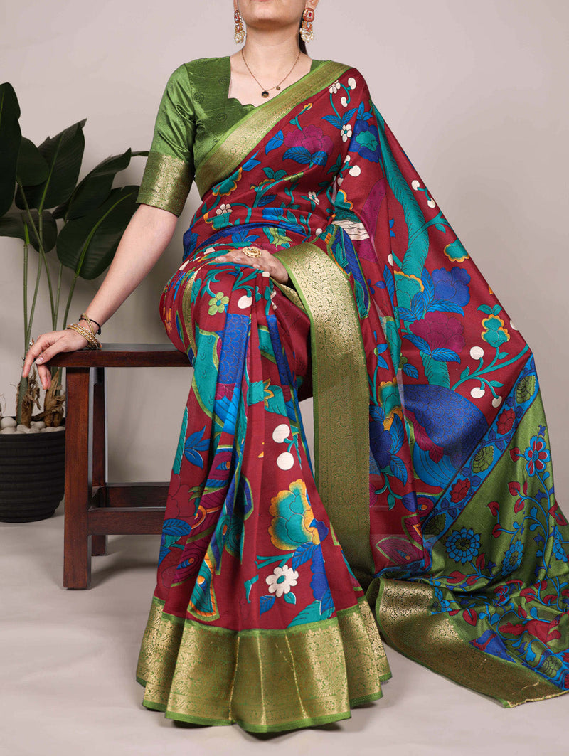 Maroon Color Printed With Zari Weaving Work Tussar Silk Saree