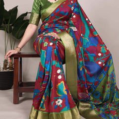 Maroon Color Printed With Zari Weaving Work Tussar Silk Saree