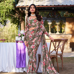 Mehandi Color Printed With Peral Lace Border Weightless Marbal