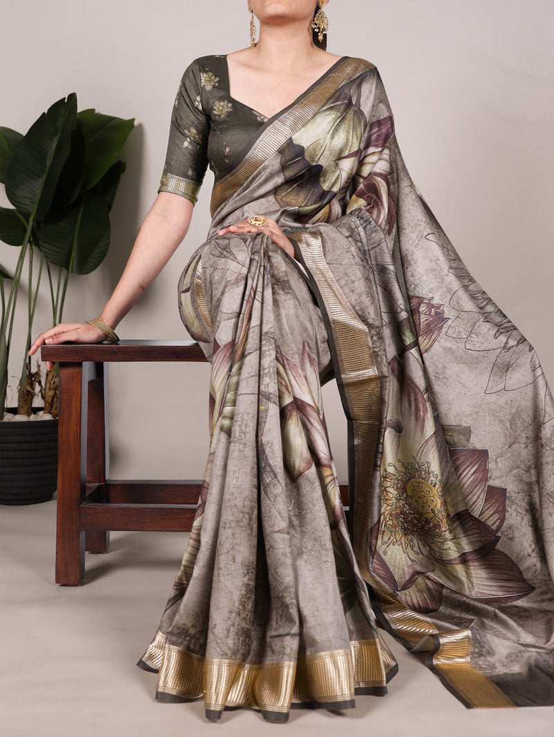 Mehandi Color Printed Tussar Silk With Viscose Border Saree