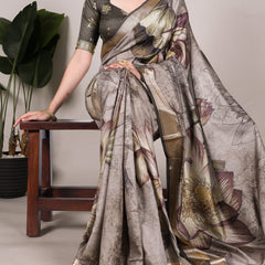 Mehandi Color Printed Tussar Silk With Viscose Border Saree