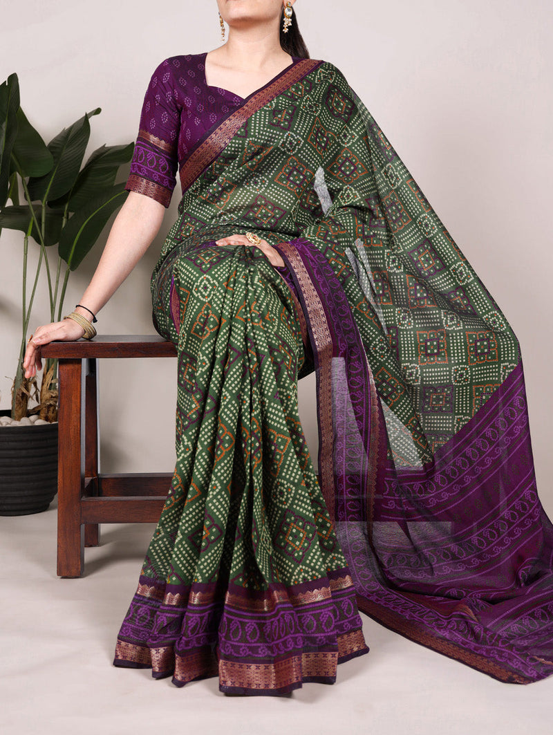 Mehandi Color Bandhej Print With Zari Weaving Work Viscose Chanderi Saree