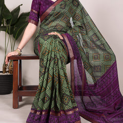 Mehandi Color Bandhej Print With Zari Weaving Work Viscose Chanderi Saree