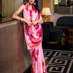 Light Pink Color Printed Satin Silk saree