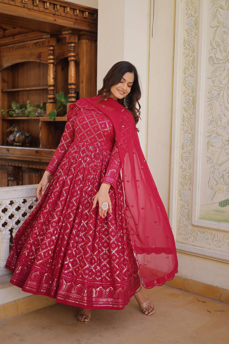 RANI & WINE  EMBROIDERED GEORGETTE ANARKALI  SUIT SET