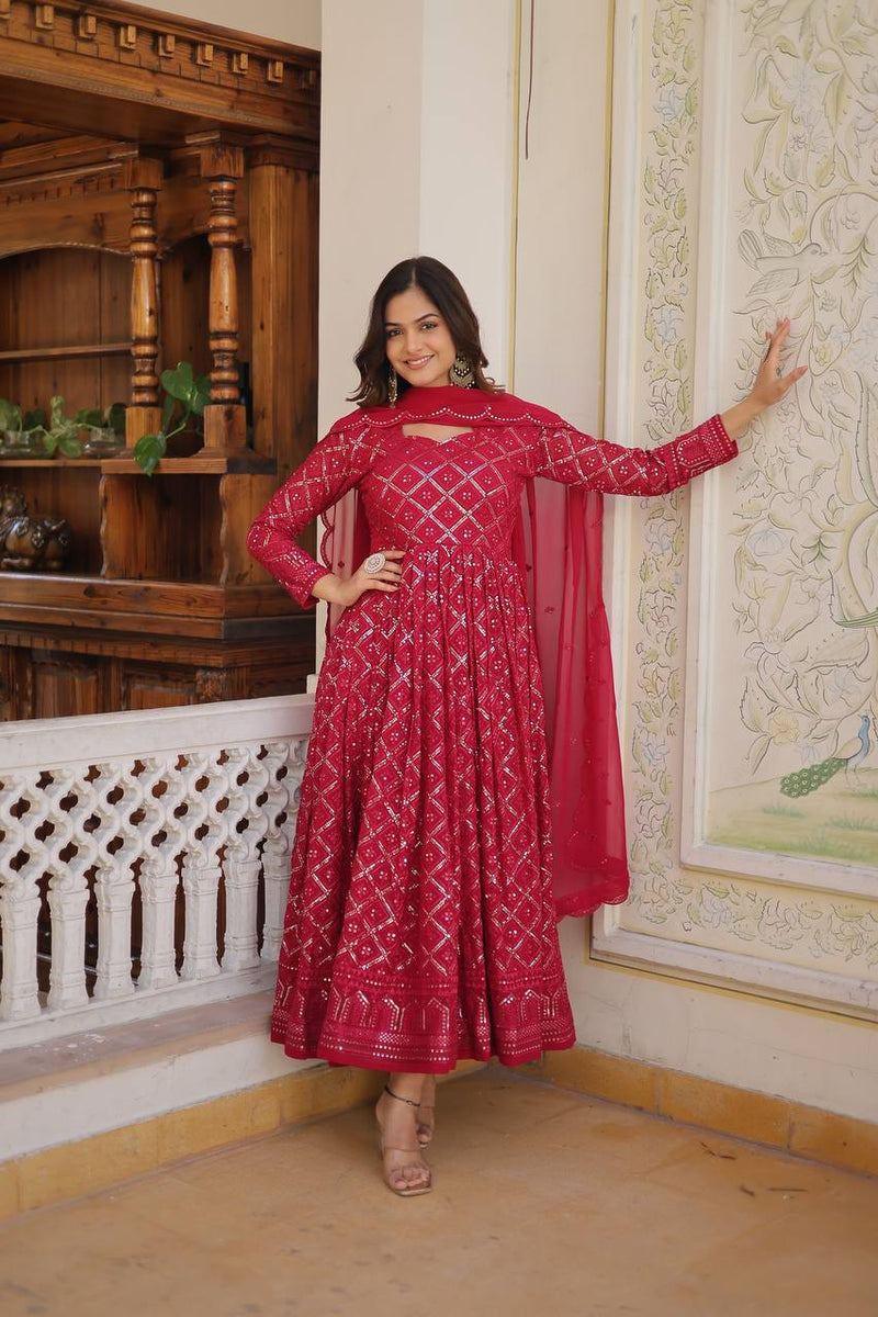 RANI & WINE  EMBROIDERED GEORGETTE ANARKALI  SUIT SET