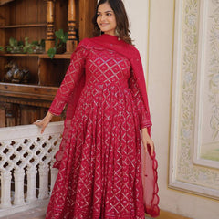 RANI & WINE  EMBROIDERED GEORGETTE ANARKALI  SUIT SET