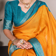 Mustard Color Patola Print With Weaving Work Tussar Chex Saree