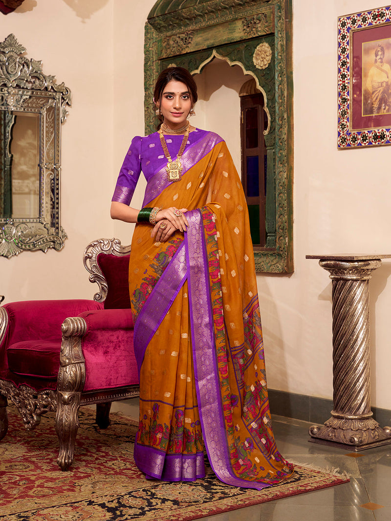 Mustard Color Kalamkari Print With Zari Weaving Work Poly Cotton Saree