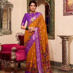 Mustard Color Kalamkari Print With Zari Weaving Work Poly Cotton Saree