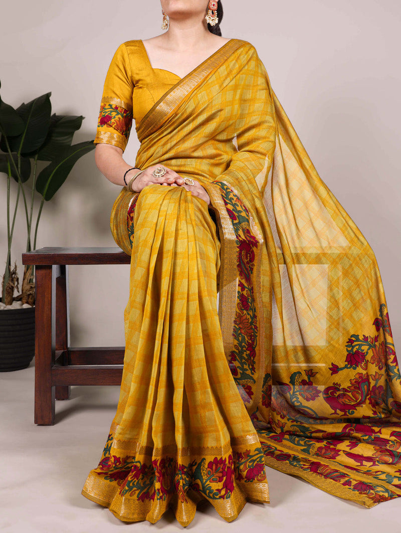 Mustard Color Printed With Zari Weaving Work Polyester Viscose Chanderi Saree