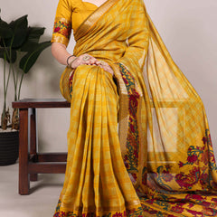 Mustard Color Printed With Zari Weaving Work Polyester Viscose Chanderi Saree