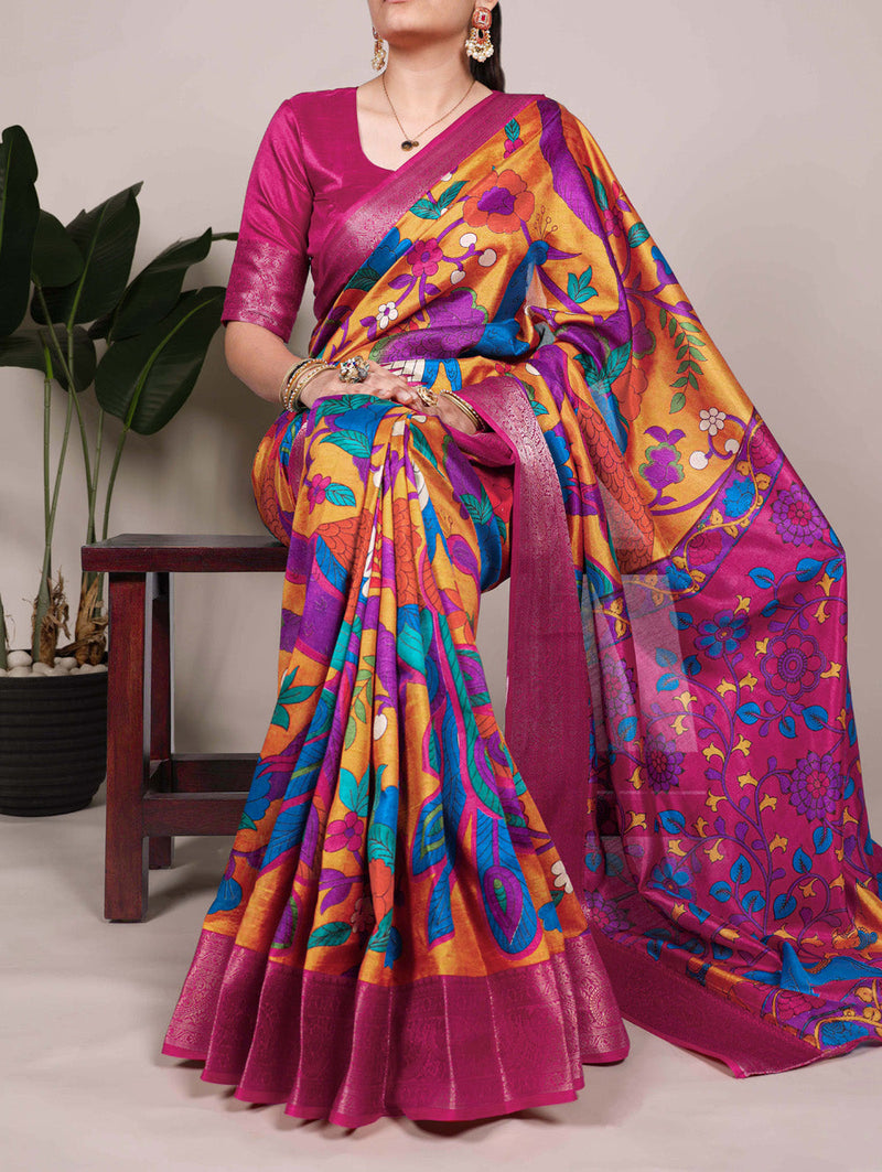 Mustard Color Printed With Zari Weaving Work Tussar Silk Saree