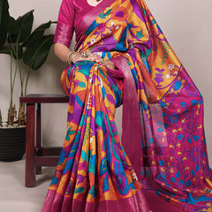 Mustard Color Printed With Zari Weaving Work Tussar Silk Saree