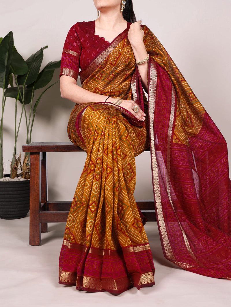Mustard Color Bandhej Print With Zari Weaving Work Viscose Chanderi Saree